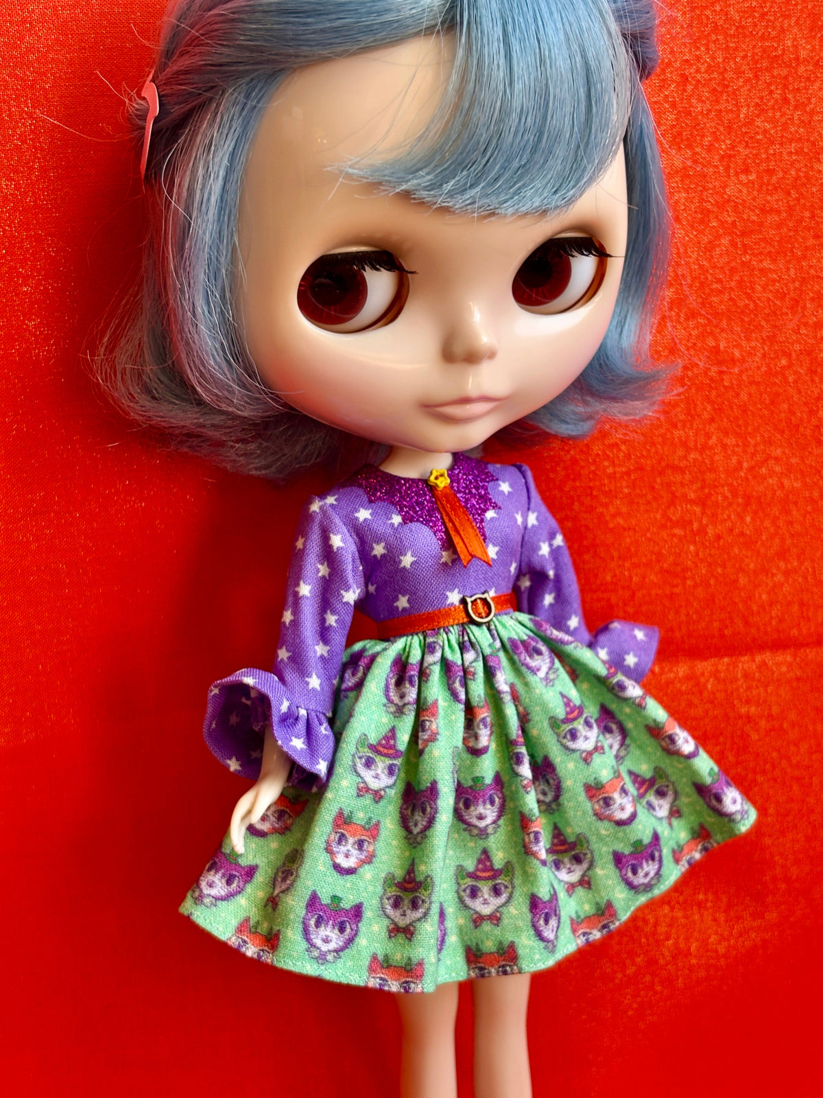 Witchy Kitties Bat Collar Ruffle Sleeve Dress