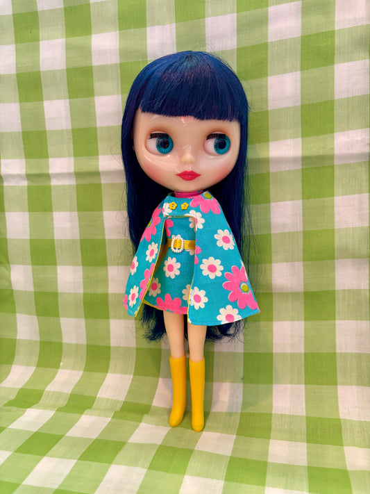 Bright Blue Mod Floral Vintage Dress & Cape Set