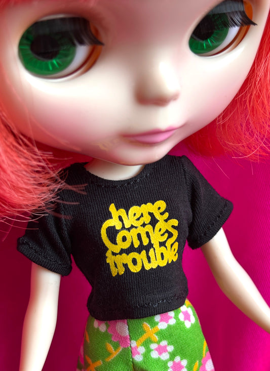 Here Comes Trouble Black Crop Tee for Blythe