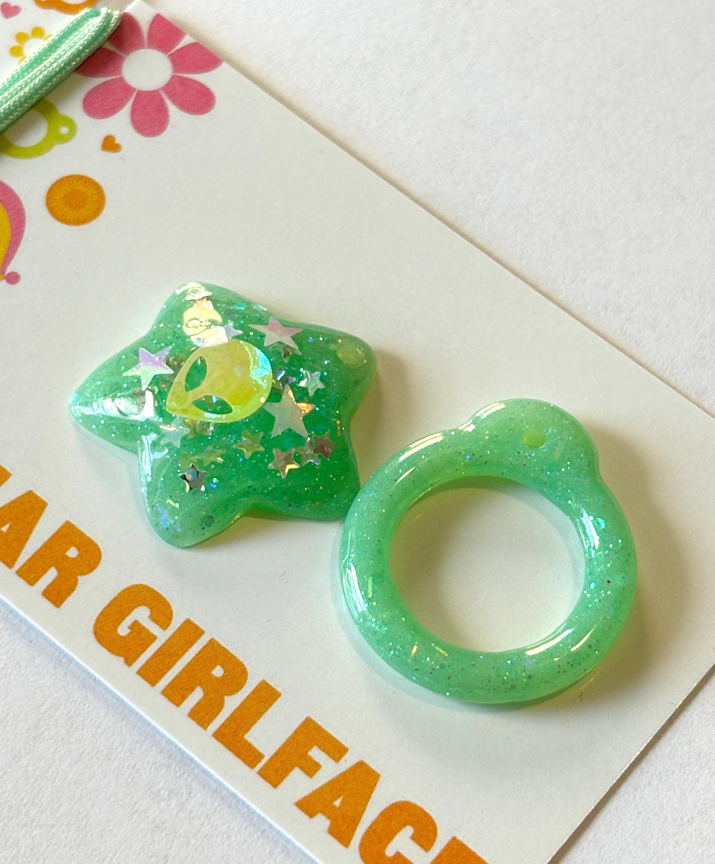 Take Me To Your Leader / OOAK Resin Green Glitter Pull Ring Set