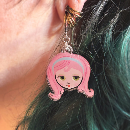 Pink Haired Blythe Doll Acrylic Earrings