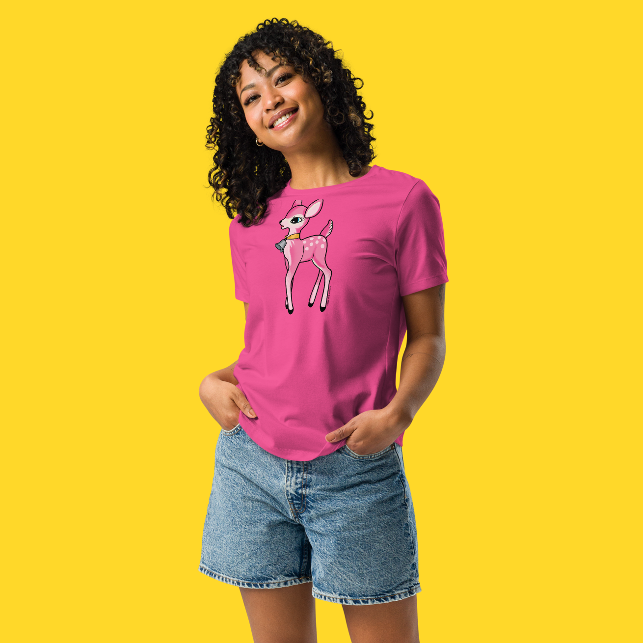 Pink Kitsch Deer Ladies Relaxed Fit Tee