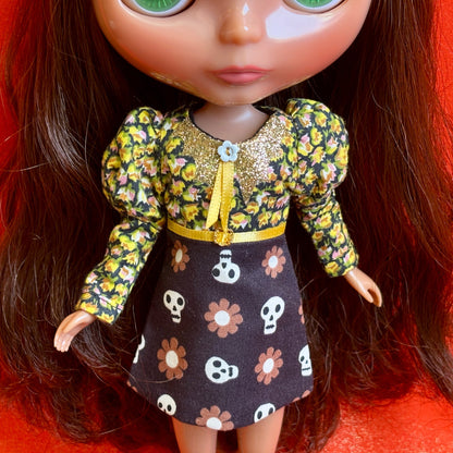 Skulls N' Daisies Bat Collar Long Sleeve Mini Dress