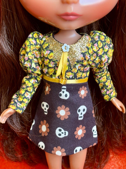 Skulls N' Daisies Bat Collar Long Sleeve Mini Dress