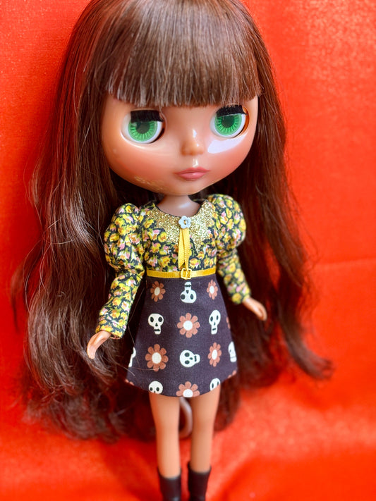 Skulls N' Daisies Bat Collar Long Sleeve Mini Dress