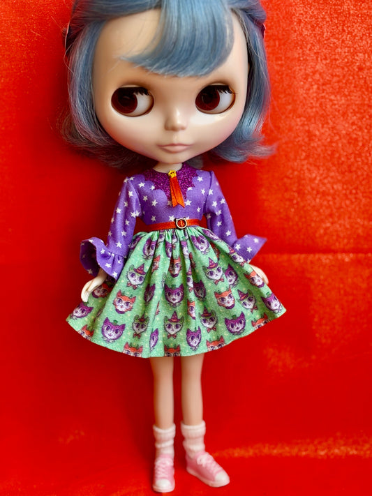 Witchy Kitties Bat Collar Ruffle Sleeve Dress