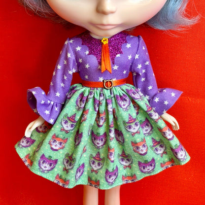 Witchy Kitties Bat Collar Ruffle Sleeve Dress