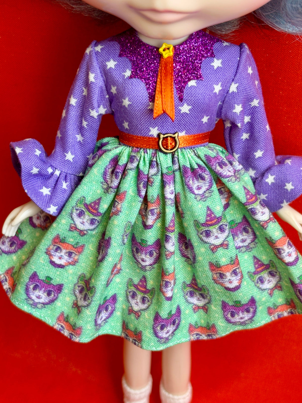 Witchy Kitties Bat Collar Ruffle Sleeve Dress