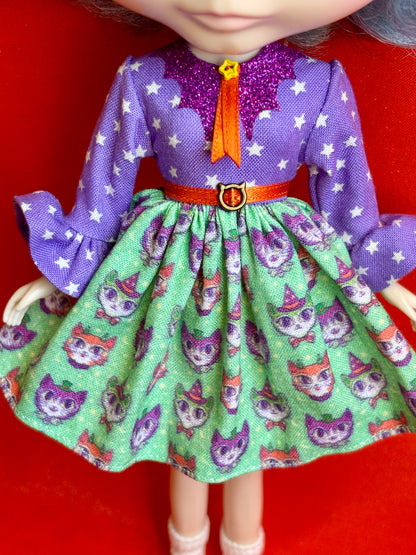 Witchy Kitties Bat Collar Ruffle Sleeve Dress