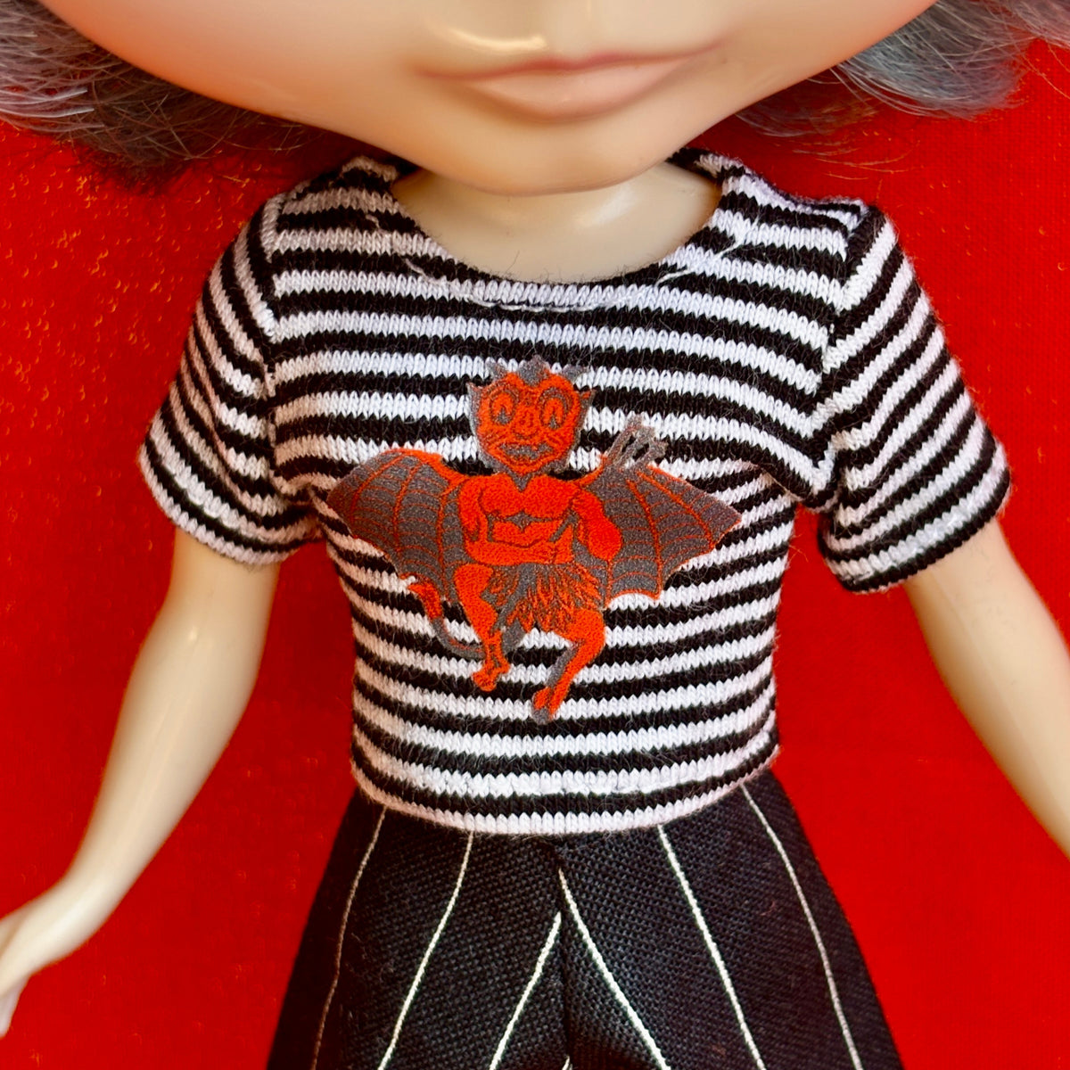 German Devil Black & White Striped Crop Tee for Blythe