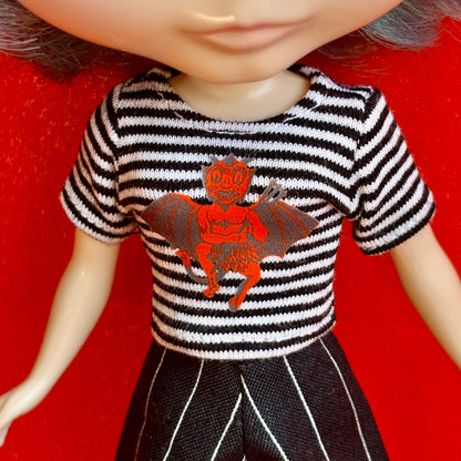 German Devil Black & White Striped Crop Tee for Blythe