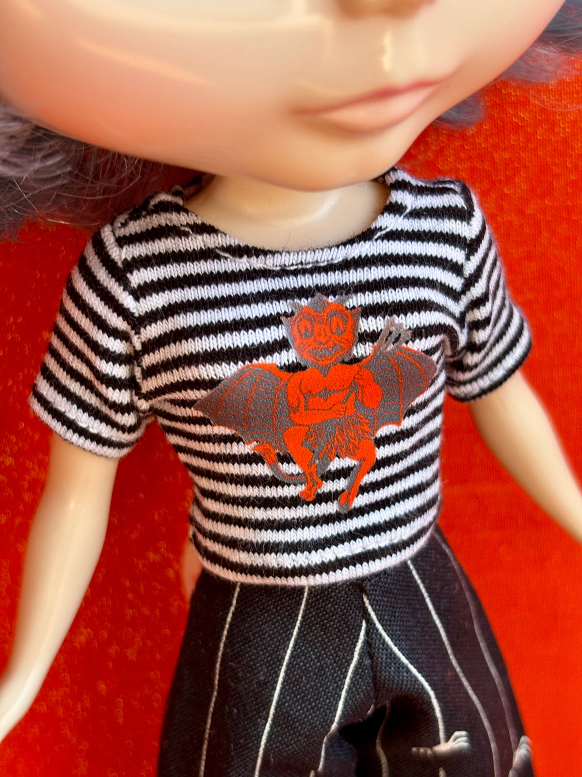 German Devil Black & White Striped Crop Tee for Blythe