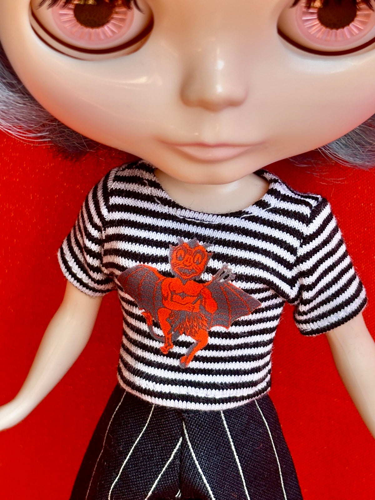 German Devil Black & White Striped Crop Tee for Blythe