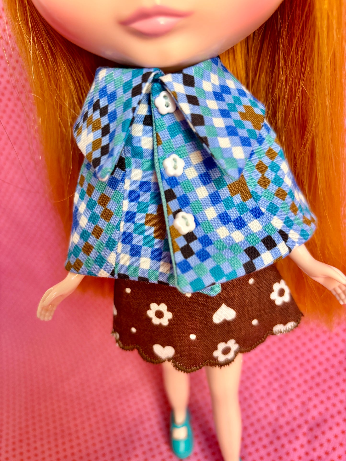 Blue Pixel Granny Dress & Cape Set