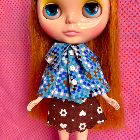 Blue Pixel Granny Dress & Cape Set