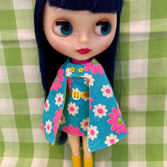 Bright Blue Mod Floral Vintage Dress & Cape Set