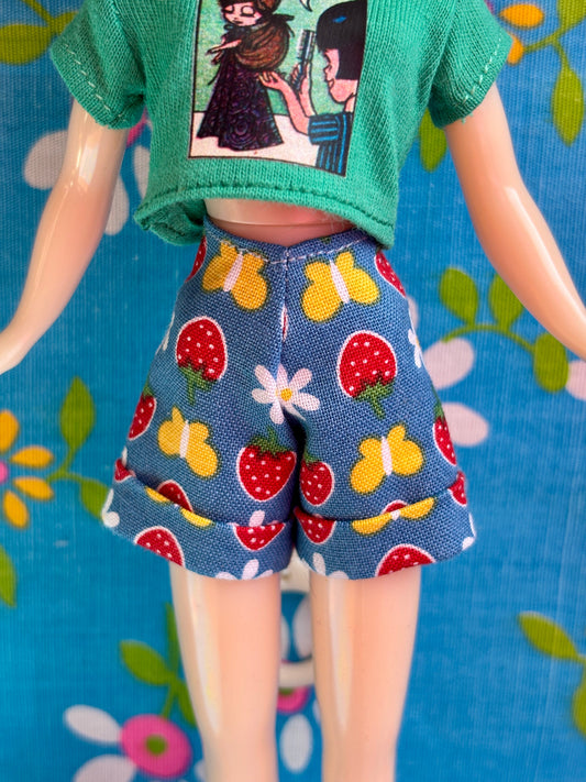 Strawberries & Butterflies Blue Cuffed Cutie Shorts