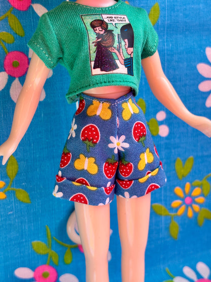 Strawberries & Butterflies Blue Cuffed Cutie Shorts