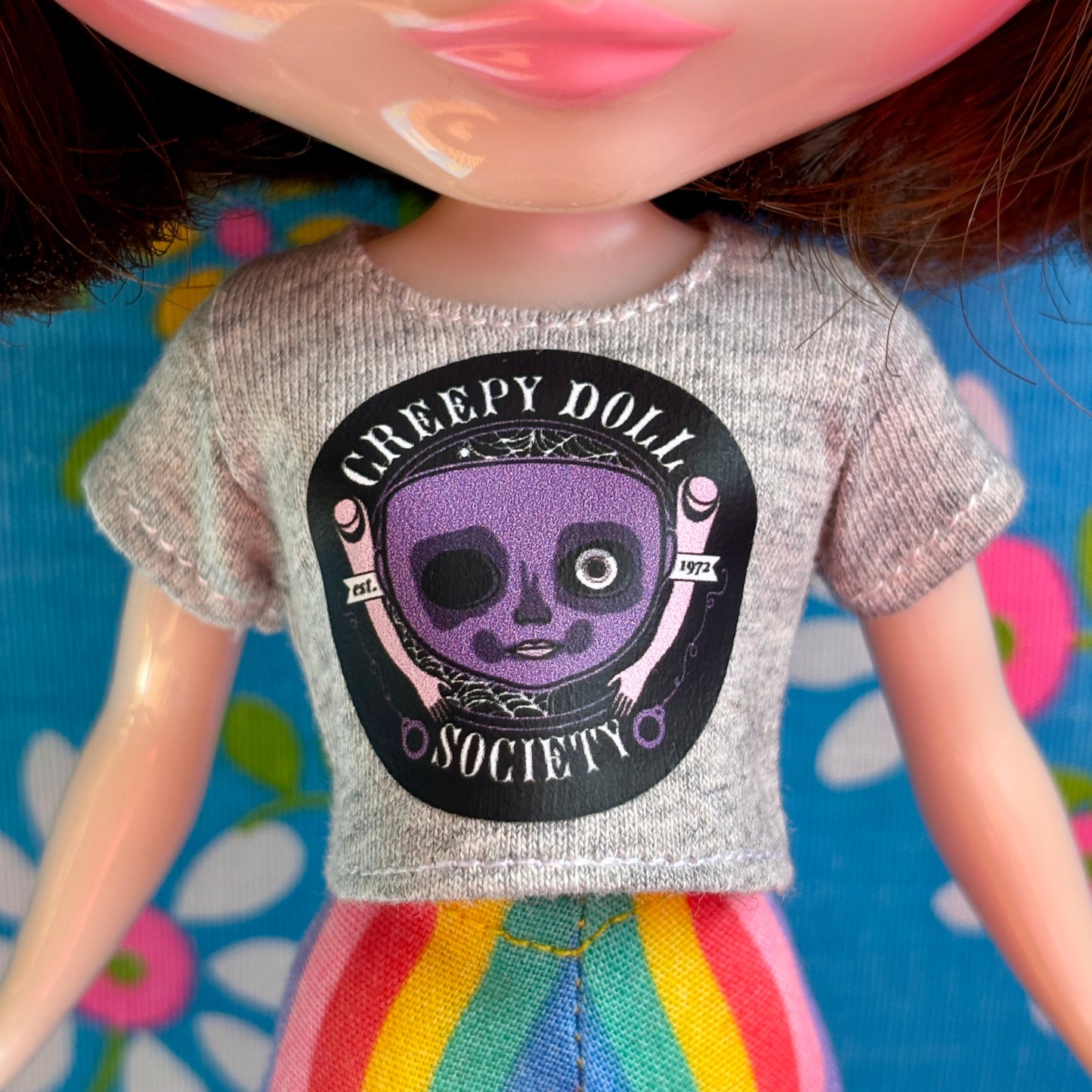 Creepy Doll Society Gray Crop Tee for Blythe