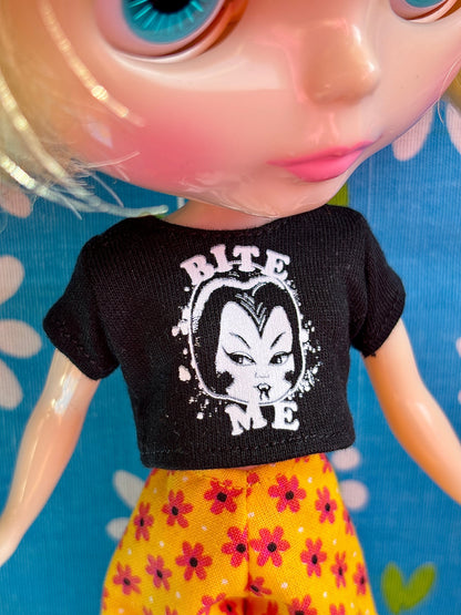 Bite Me Vampy Black Crop Tee for Blythe