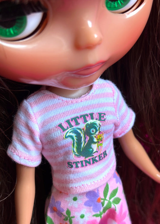Little Stinker Pink & White Striped Crop Tee for Blythe