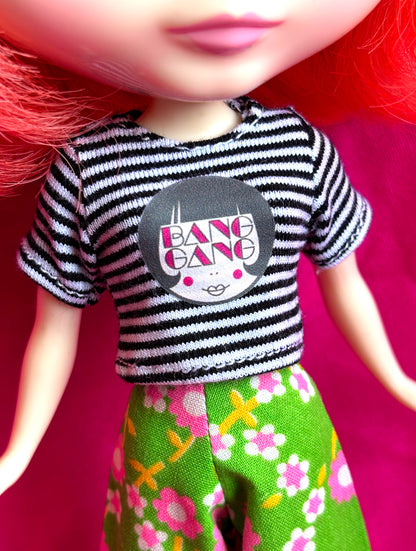Bang Gang Black & White Striped Crop Tee for Blythe