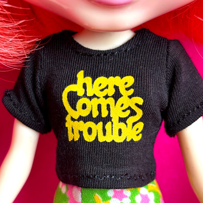 Here Comes Trouble Black Crop Tee for Blythe