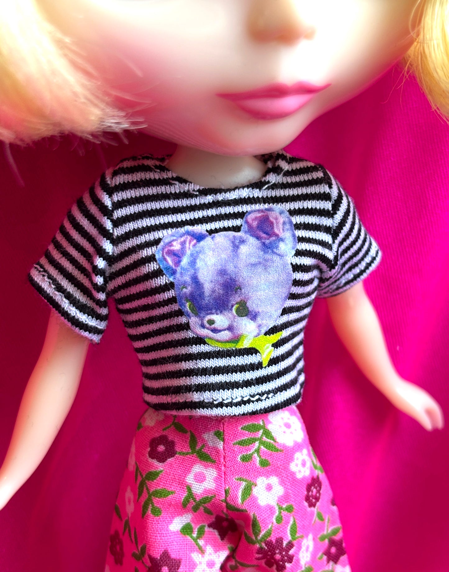 Purple Cutie Bear Black & White Striped Crop Tee for Blythe