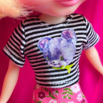 Purple Cutie Bear Black & White Striped Crop Tee for Blythe