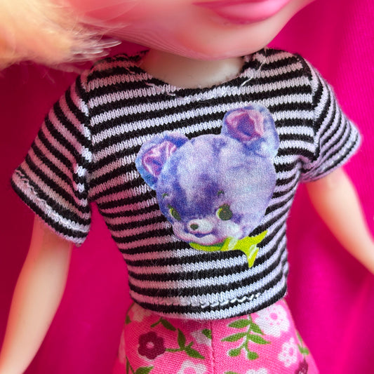 Purple Cutie Bear Black & White Striped Crop Tee for Blythe