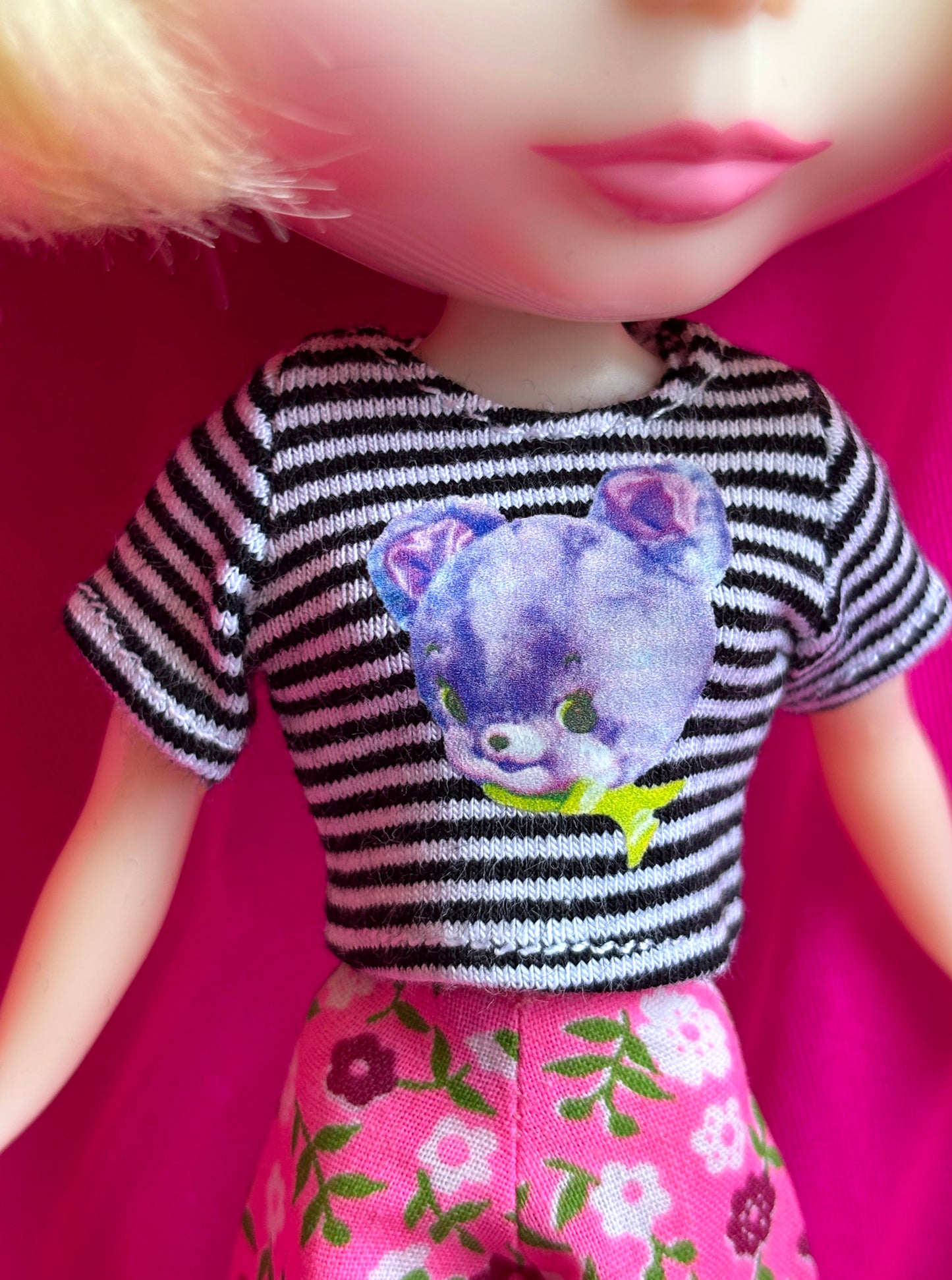 Purple Cutie Bear Black & White Striped Crop Tee for Blythe